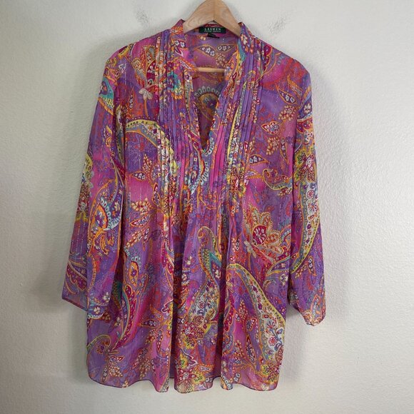 Lauren Ralph Lauren Womens Plus 1X Tunic Top Blouse Purple Paisley Silk Metallic - Picture 7 of 11